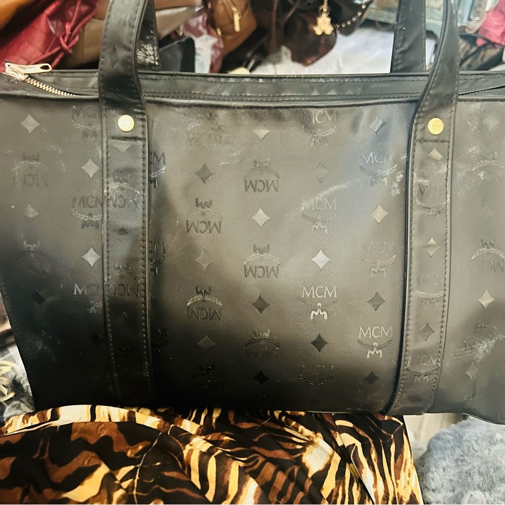 MCM Black Monogram Tote with Stud Accents